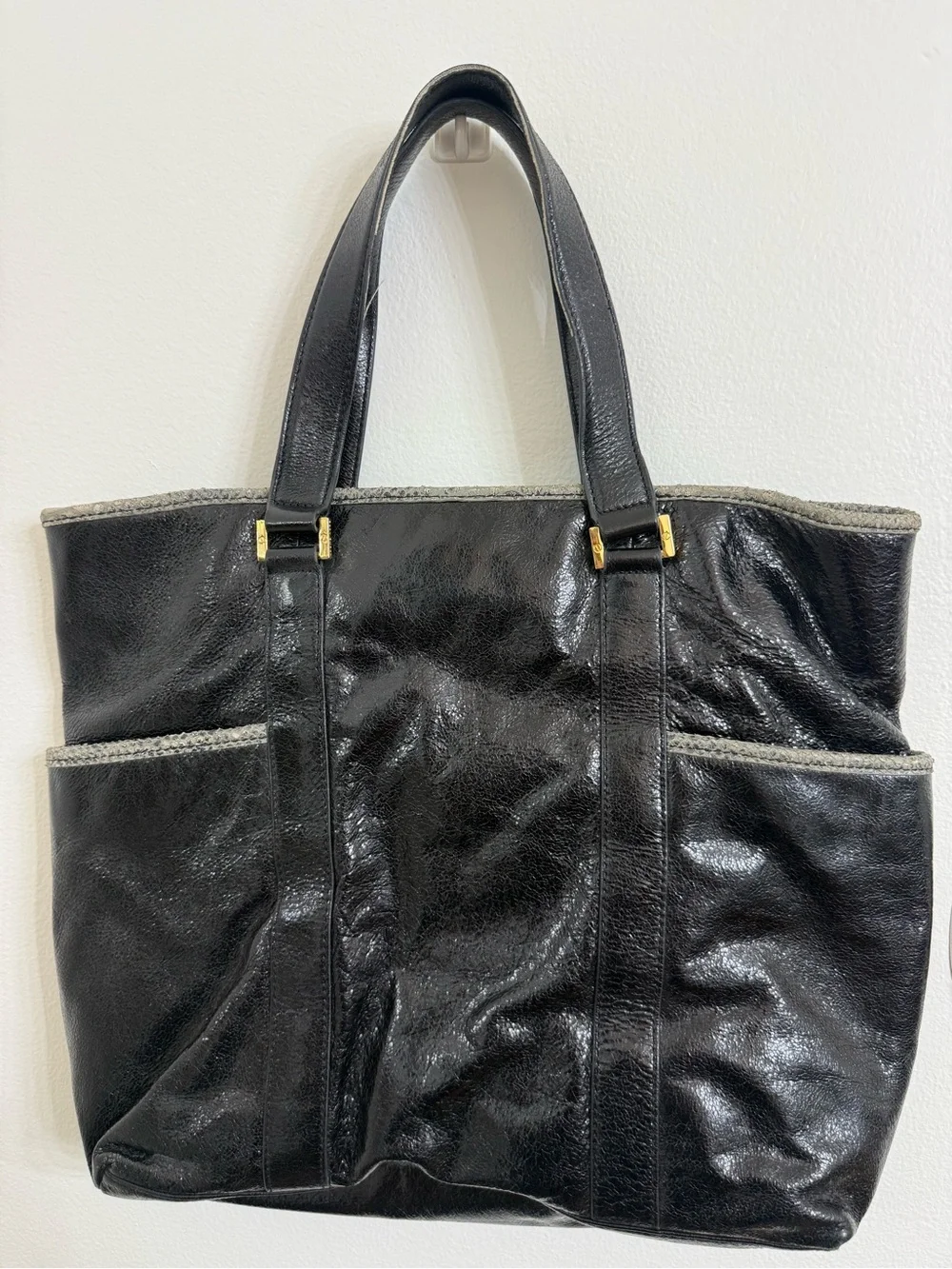 Tory Burch Black Leather Tote with Gray Trim and Logo